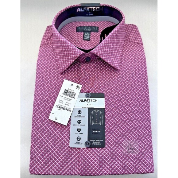 Alfani Men Puzzle-Print Dress Shirt Button Down Cotton Rose White 16-16 12 32-33 - Picture 2 of 5